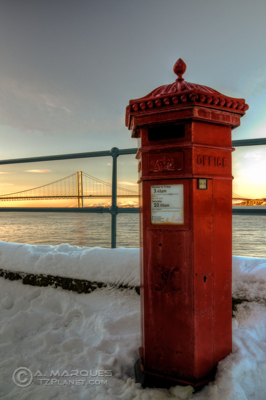 Sunshine by Mail - Royal Mail letterbox with Forth Road Bridge on background